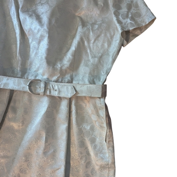 Vtg 50s Syd Chicago ivory lame print belted scoop neck Trad Wife dress sz 4 - Picture 4 of 9